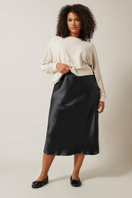 Evans EVANS Curve Black Satin Slip-On Midi Skirt