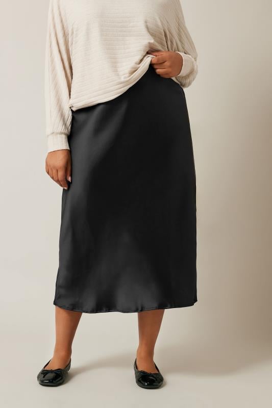 evans EVANS Curve Black Satin Slip-On Midi Skirt