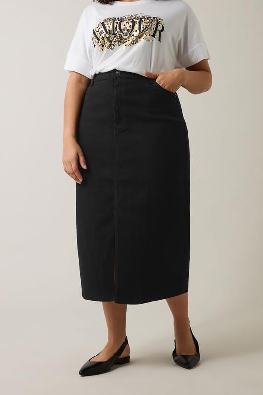 Evans EVANS Curve Black Split Hem Denim Midi Skirt