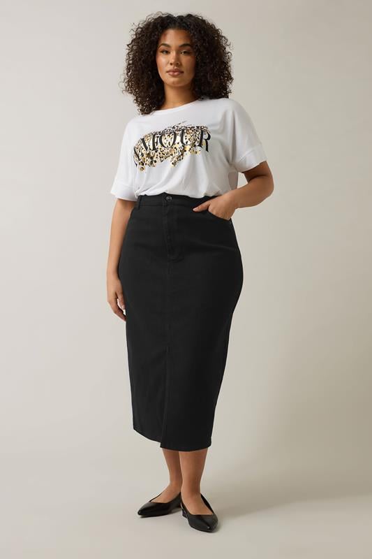 Evans EVANS Curve Black Split Hem Denim Midi Skirt