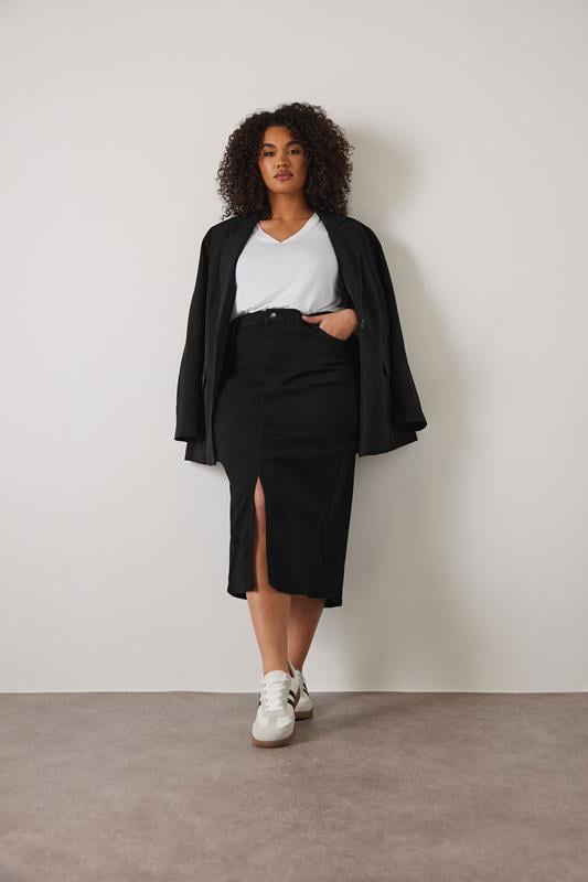 evans EVANS Curve Black Split Hem Denim Midi Skirt