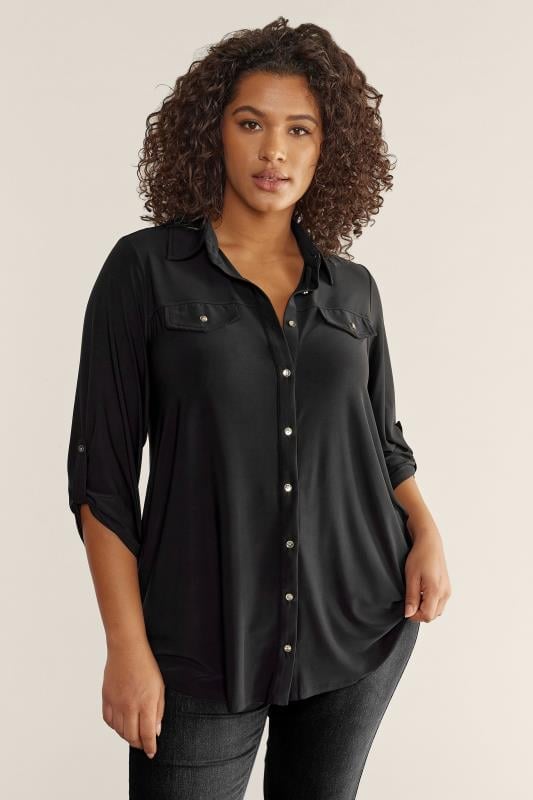 Evans EVANS Curve Black Tab Sleeve Blouse