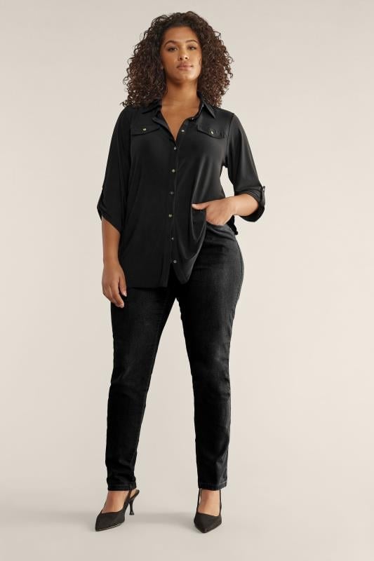 Evans EVANS Curve Black Tab Sleeve Blouse