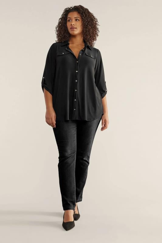 Evans EVANS Curve Black Tab Sleeve Blouse