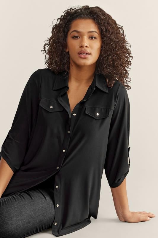 evans EVANS Curve Black Tab Sleeve Blouse