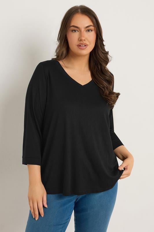evans EVANS Curve Black V-Neck Modal Rich Top