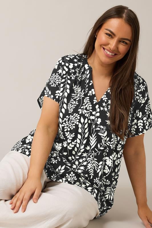 evans EVANS Curve Black & White Leaf Print Blouse