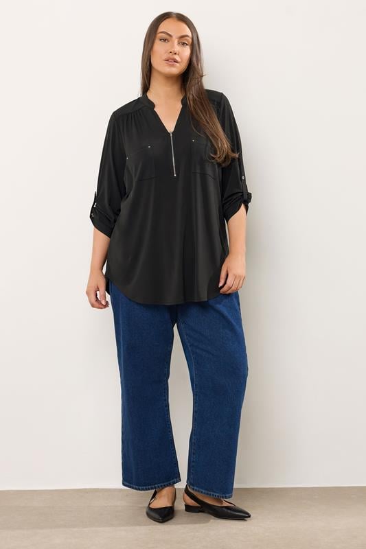 Evans EVANS Curve Black Zip Front Jersey Blouse