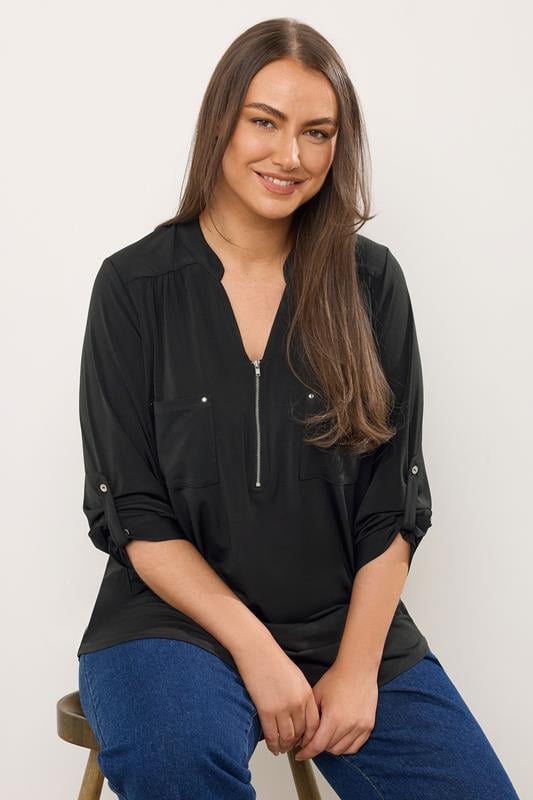 evans EVANS Curve Black Zip Front Jersey Blouse