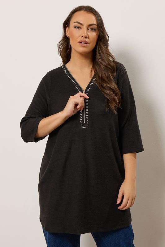 evans EVANS Curve Black Zip Front Stud Detail Top