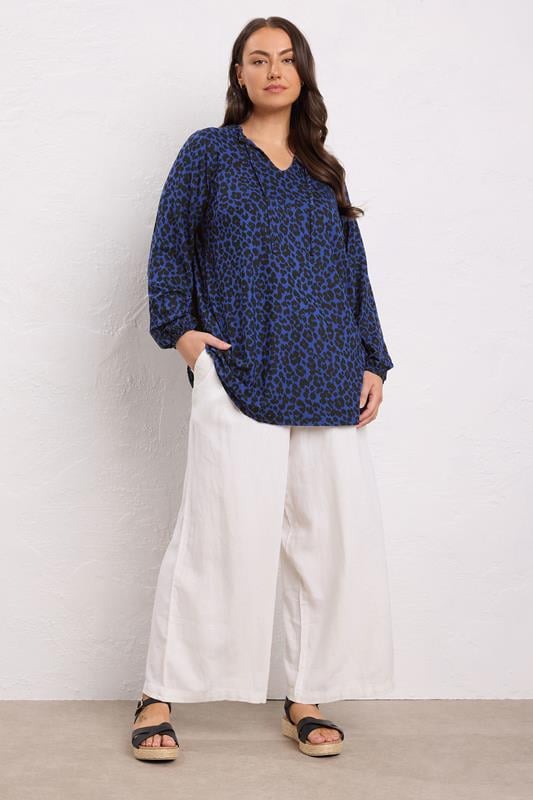 Evans EVANS Curve Blue Animal Print Tie Neck Top