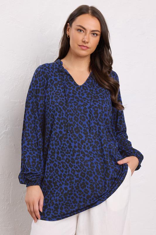 evans EVANS Curve Blue Animal Print Tie Neck Top