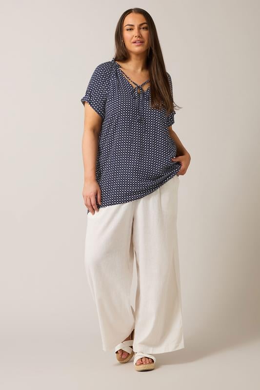 Evans EVANS Curve Blue Dot Print Tie Neck Blouse
