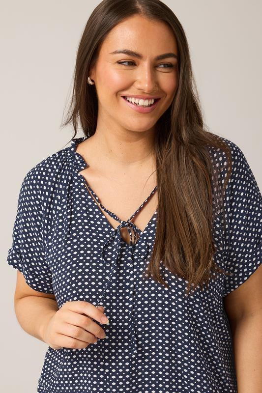 Evans EVANS Curve Blue Dot Print Tie Neck Blouse