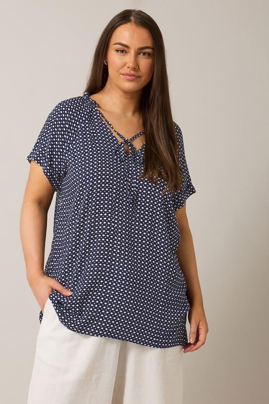 evans EVANS Curve Blue Dot Print Tie Neck Blouse