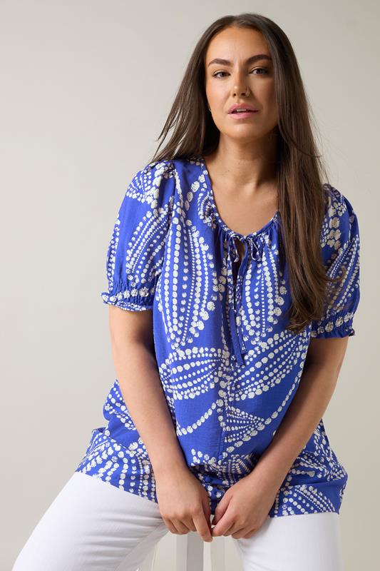 Evans EVANS Curve Blue Leaf Print Tie Neck Blouse