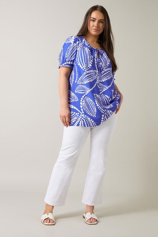 Evans EVANS Curve Blue Leaf Print Tie Neck Blouse