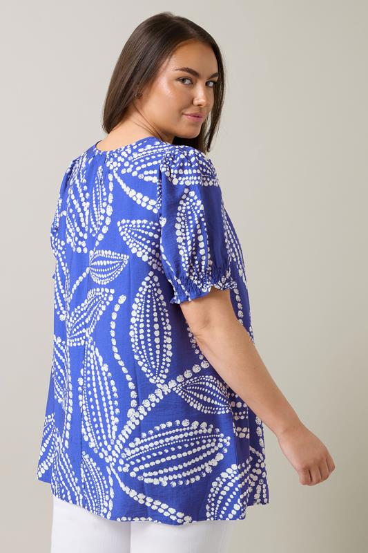Evans EVANS Curve Blue Leaf Print Tie Neck Blouse