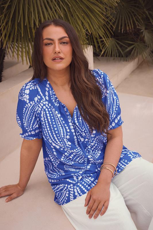 evans EVANS Curve Blue Leaf Print Tie Neck Blouse