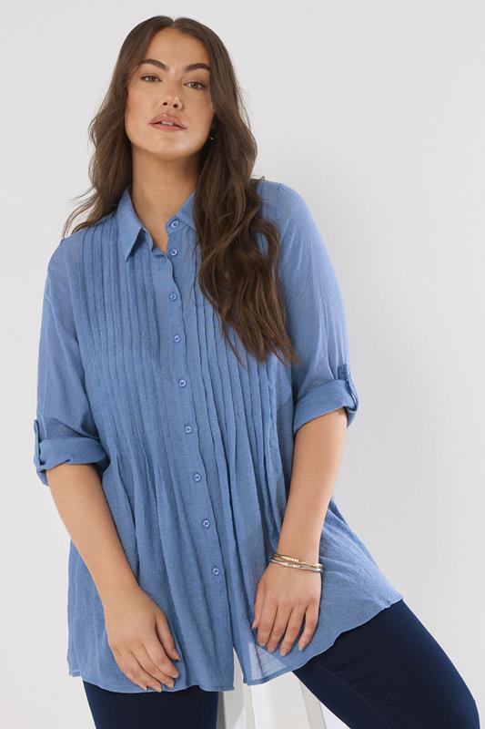 Evans EVANS Curve Blue Pintuck Tab Sleeve Shirt