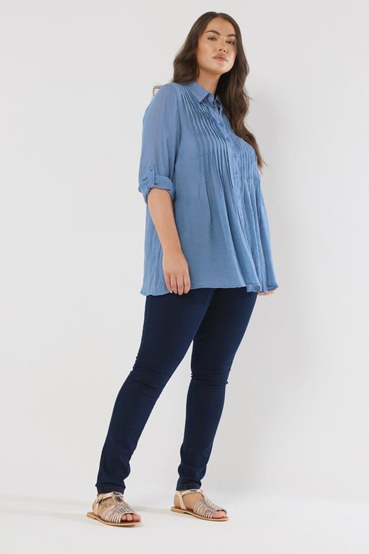 Evans EVANS Curve Blue Pintuck Tab Sleeve Shirt