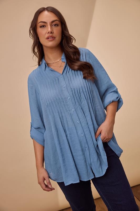 evans EVANS Curve Blue Pintuck Tab Sleeve Shirt