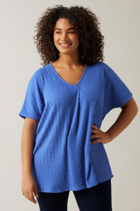 evans EVANS Curve Blue Plisse Pleat Front Top