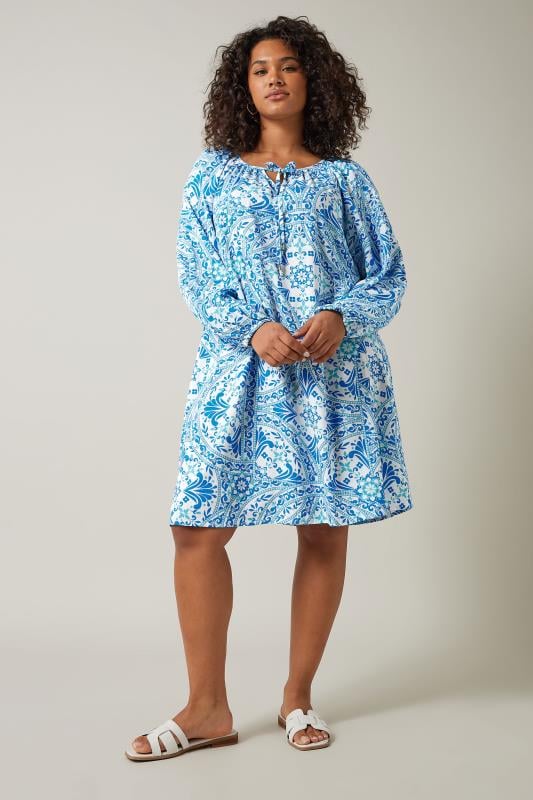 Evans EVANS Curve Blue Tile Print Tunic Dress