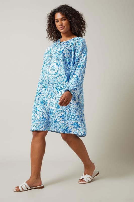Evans EVANS Curve Blue Tile Print Tunic Dress