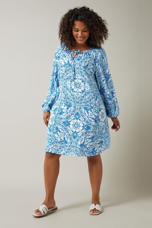 evans EVANS Curve Blue Tile Print Tunic Dress