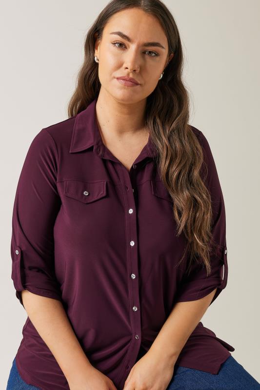 Evans EVANS Curve Burgundy Red Tab Sleeve Blouse