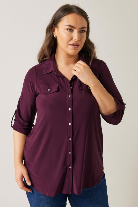 evans EVANS Curve Burgundy Red Tab Sleeve Blouse
