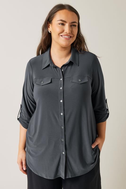 evans EVANS Curve Charcoal Grey Tab Sleeve Blouse