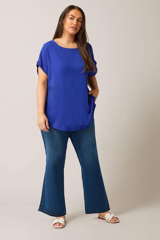 Evans EVANS Curve Cobalt Blue Button Sleeve Blouse