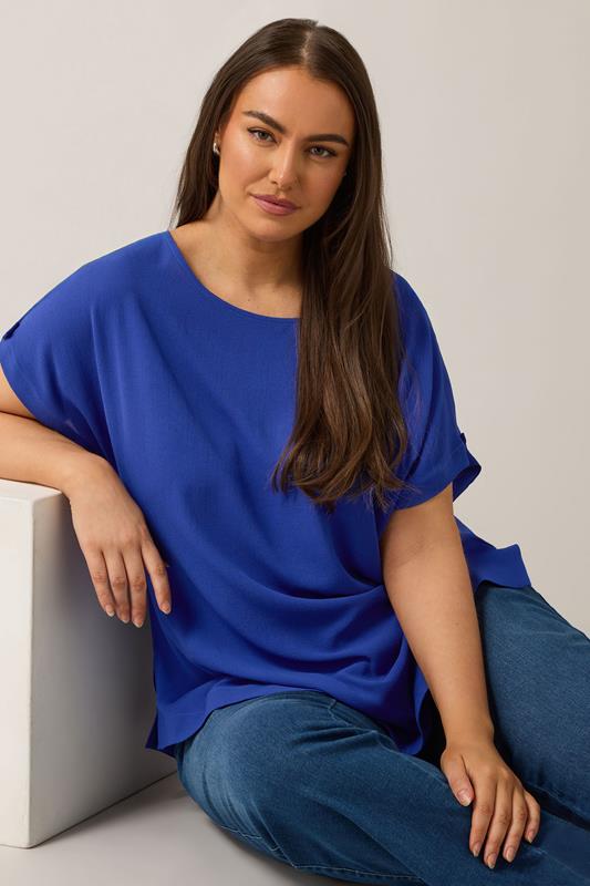 Evans EVANS Curve Cobalt Blue Button Sleeve Blouse