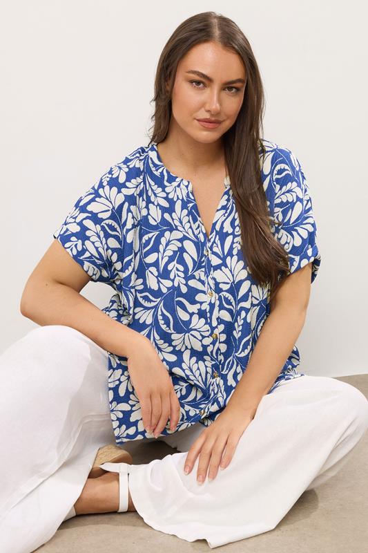 Evans EVANS Curve Cobalt Blue Leaf Print Blouse