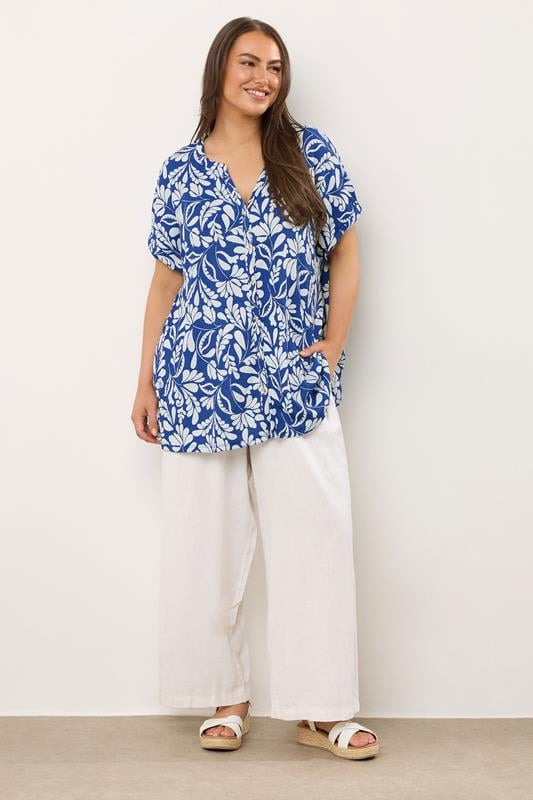 Evans EVANS Curve Cobalt Blue Leaf Print Blouse