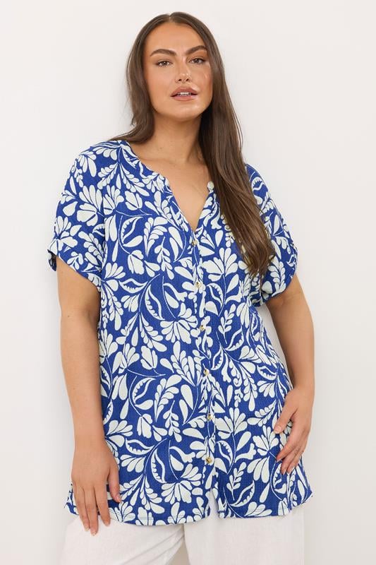 evans EVANS Curve Cobalt Blue Leaf Print Blouse