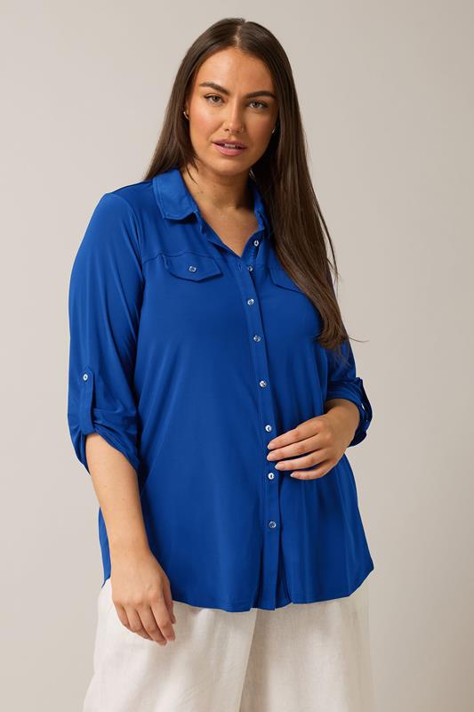 evans EVANS Curve Cobalt Blue Tab Sleeve Blouse