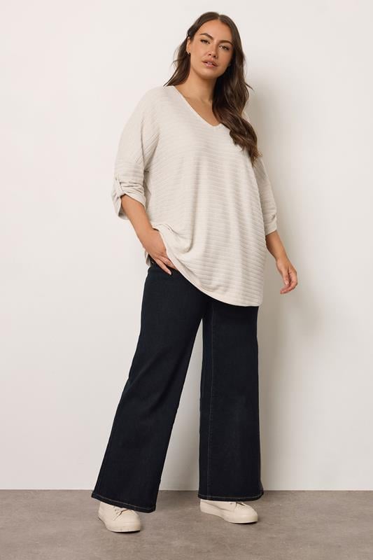 Evans EVANS Curve Cream Tab Sleeve Ribbed Jumper