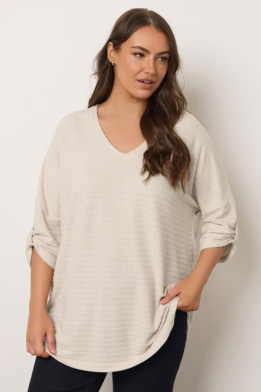 evans EVANS Curve Cream Tab Sleeve Ribbed Jumper