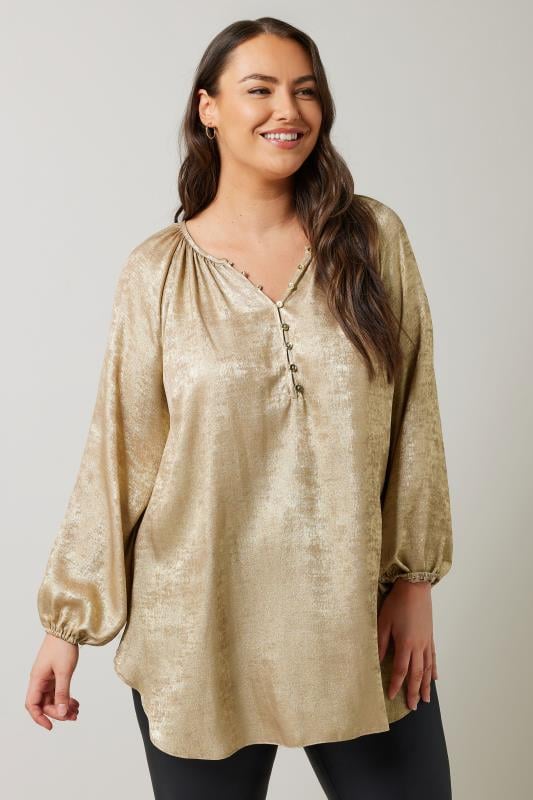 Evans EVANS Curve Gold Metallic Long Sleeve Blouse