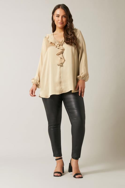 Evans EVANS Curve Gold Satin Ruffle Neck Blouse