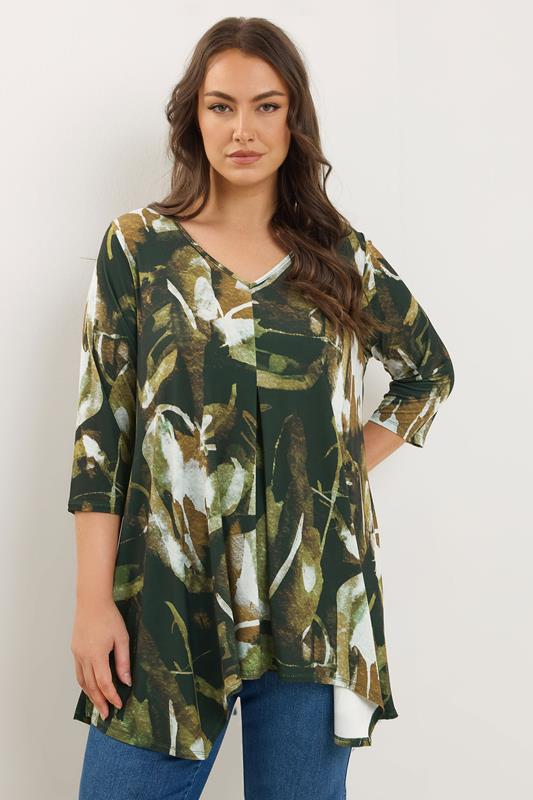 evans EVANS Curve Green Smudge Print Hanky Hem Top