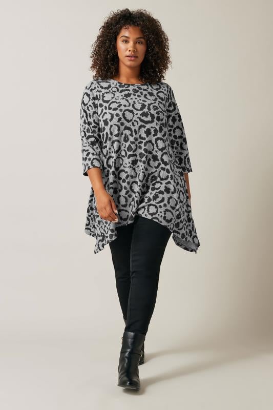 Evans EVANS Curve Grey Leopard Print Hanky Hem Top