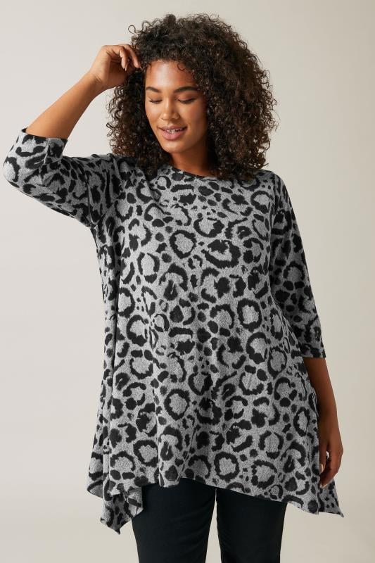 evans EVANS Curve Grey Leopard Print Hanky Hem Top