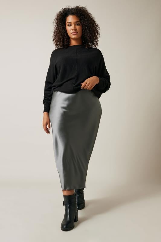 Evans EVANS Curve Grey Satin Slip-On Midi Skirt