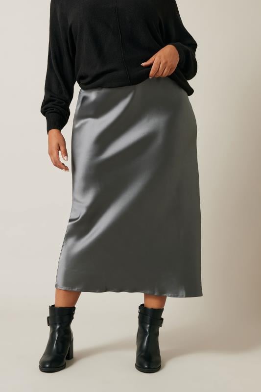 evans EVANS Curve Grey Satin Slip-On Midi Skirt