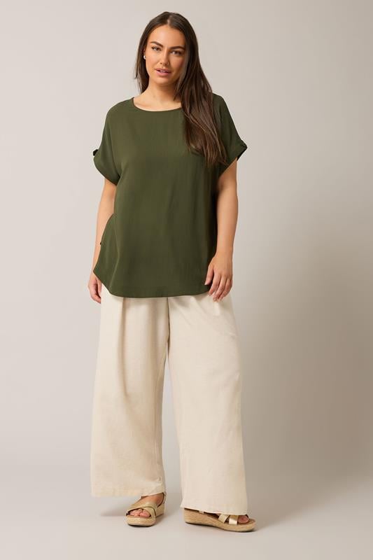 Evans EVANS Curve Khaki Green Button Sleeve Blouse