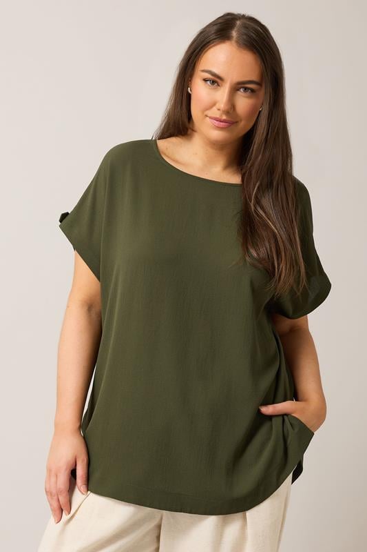 Evans EVANS Curve Khaki Green Button Sleeve Blouse